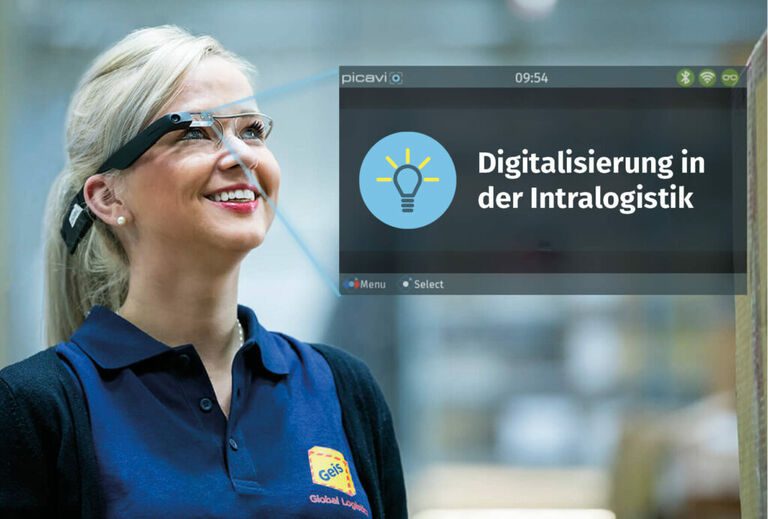 Lagermitarbeiterin mit Smart Glasses und User Interface "Digitalisierung in der Intralogistik"