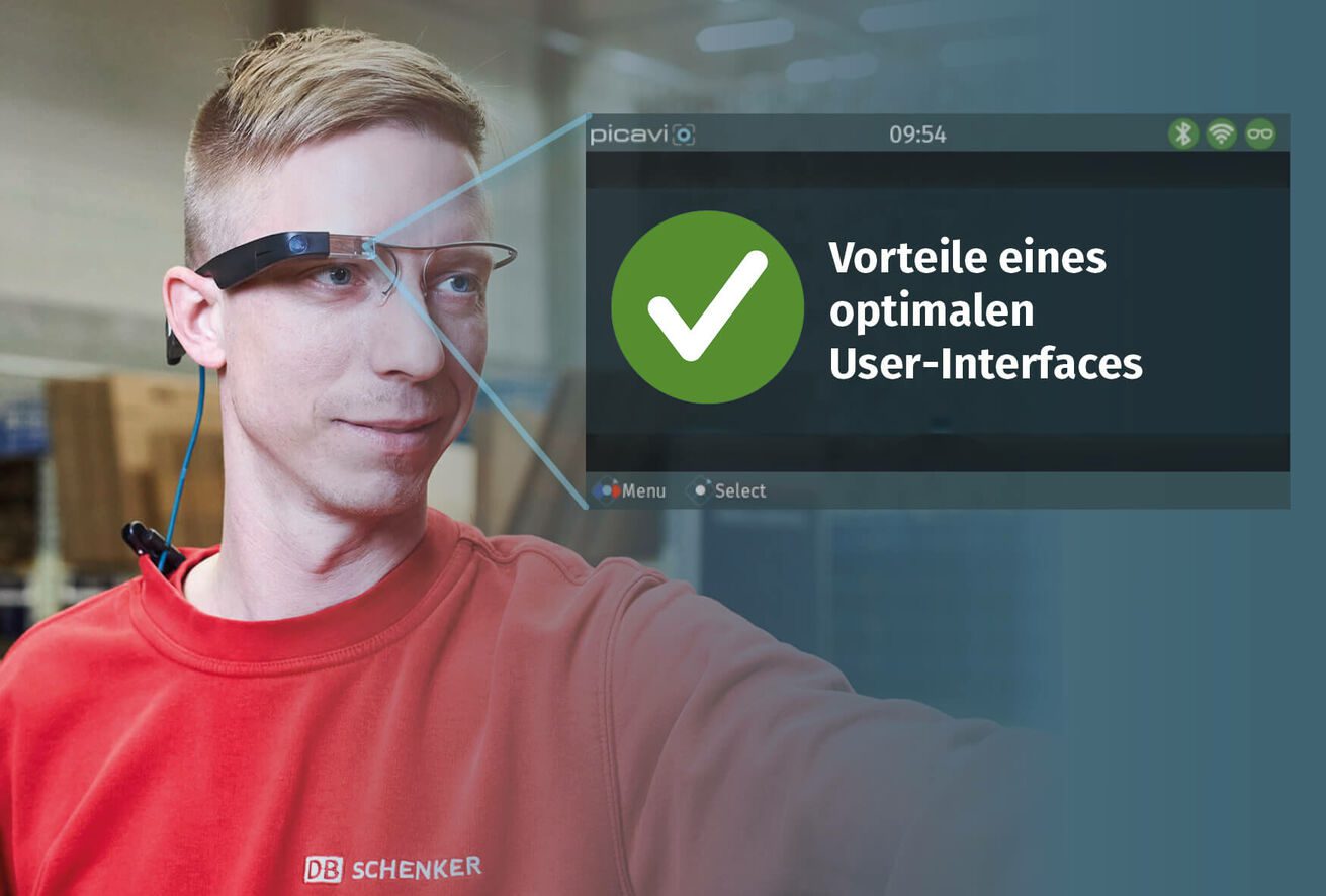 Kommissionierer bei der Firma Schenker mit dem User Interface der Smart Glasses, die er trägt, auf dem steht "Vorteile eines optimalen User-Interfaces"